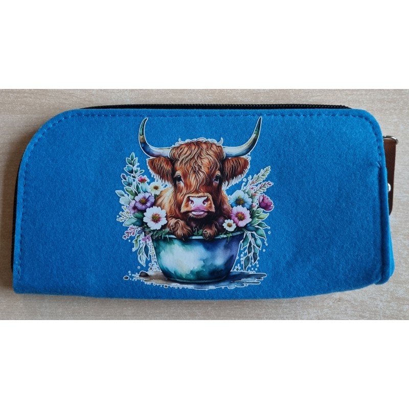 Filz Federmäppchen blau Hochlandrind in Eimer