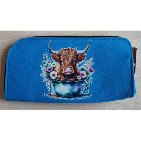 Filz Federmäppchen blau Hochlandrind in Eimer