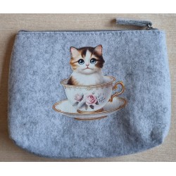 Filz Necessaire hellgrau Katze/Sonnenblumen/Tasse mit rosa Rose
