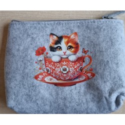 Filz Necessaire hellgrau Katze/Tassen rot und pink