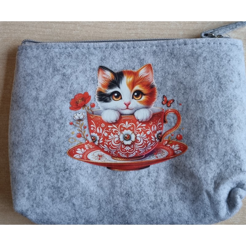 Filz Necessaire hellgrau Katze/Tassen rot und pink