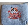 Filz Necessaire hellgrau Katze/Tassen rot und pink