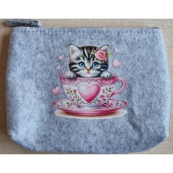 Filz Necessaire hellgrau Katze/Tassen rot und pink