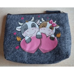 Filz Necessaire anthrazit Kühe/Herzen pink