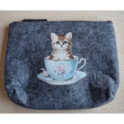 Filz Necessaire anthrazit Katze/Tassen hellblau