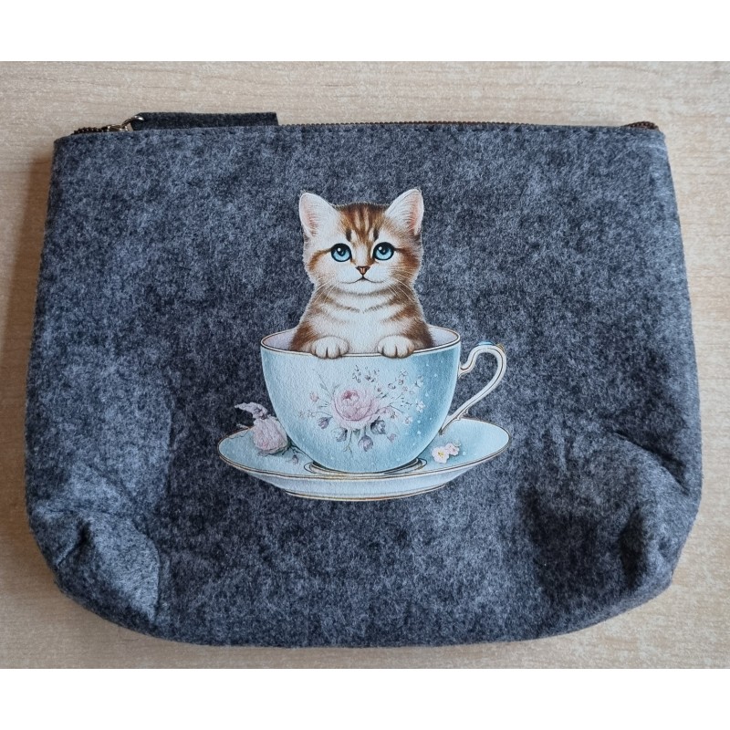 Filz Necessaire anthrazit Katze/Tassen hellblau