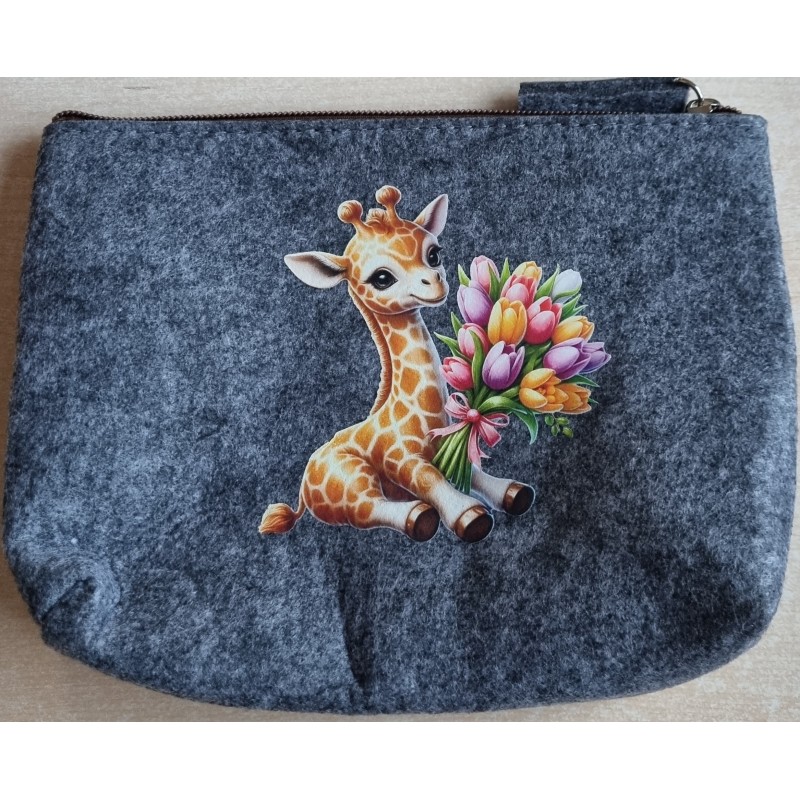 Filz Necessaire anthrazit Giraffe mit Blumen