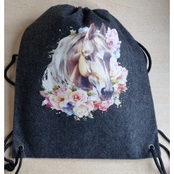 Filz Beutel mit Kordelzug anthrazit Pferd mit Blumenranke
