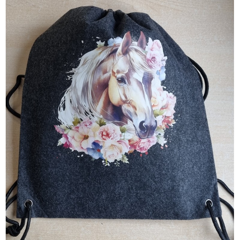 Filz Beutel mit Kordelzug anthrazit Pferd mit Blumenranke