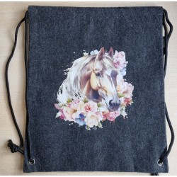 Filz Beutel mit Kordelzug anthrazit Pferd mit Blumenranke
