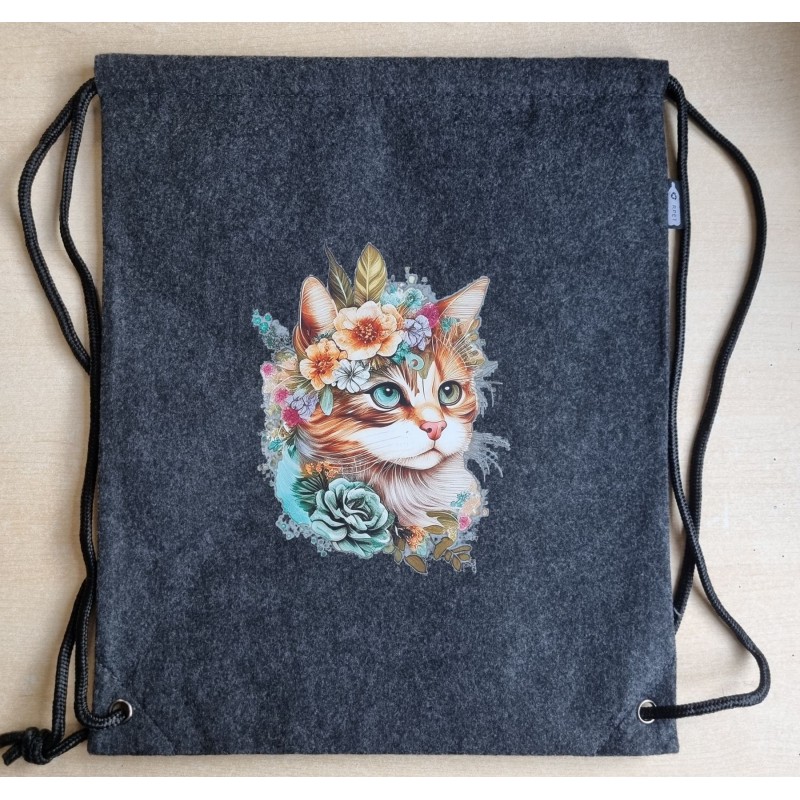 Filz Beutel mit Kordelzug anthrazit Katze mit Blumen-Kopfschmuck