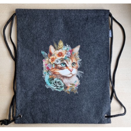Filz Beutel mit Kordelzug anthrazit Katze mit Blumen-Kopfschmuck