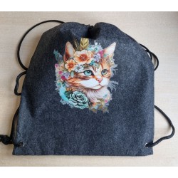 Filz Beutel mit Kordelzug anthrazit Katze mit Blumen-Kopfschmuck