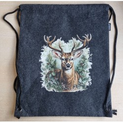 Filz Beutel mit Kordelzug anthrazit Hirsch/grün