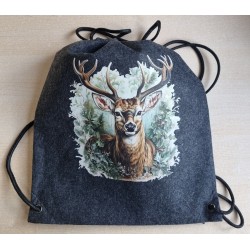Filz Beutel mit Kordelzug anthrazit Hirsch/grün