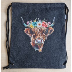 Filz Beutel mit Kordelzug anthrazit Hochlandrind mit Blumen