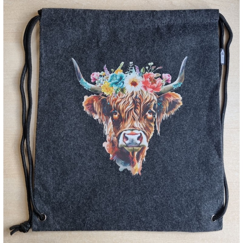Filz Beutel mit Kordelzug anthrazit Hochlandrind mit Blumen