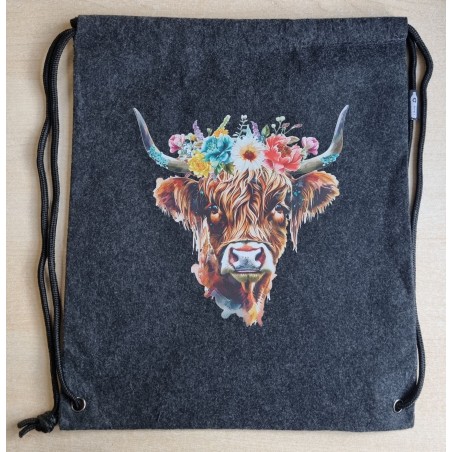 Filz Beutel mit Kordelzug anthrazit Hochlandrind mit Blumen