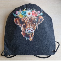 Filz Beutel mit Kordelzug anthrazit Hochlandrind mit Blumen