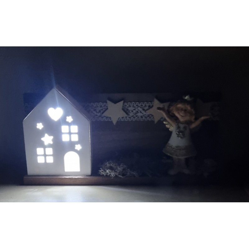 Holz Balken mit LED Haus/Engel/weiss-gold