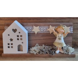 Holz Balken mit LED Haus/Engel/weiss-gold