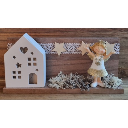 Holz Balken mit LED Haus/Engel/weiss-gold