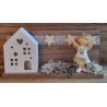 Holz Balken mit LED Haus/Engel/weiss-gold
