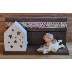 Holz Balken mit LED Haus/Engel liegend mit Stern