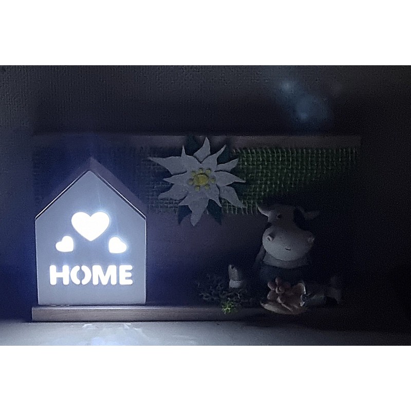 Holz Balken mit LED Haus/Kuh und Edelweiss