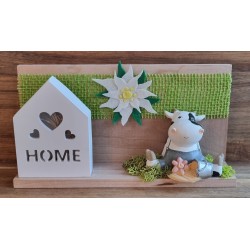 Holz Balken mit LED Haus/Kuh und Edelweiss