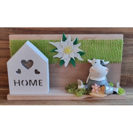 Holz Balken mit LED Haus/Kuh und Edelweiss