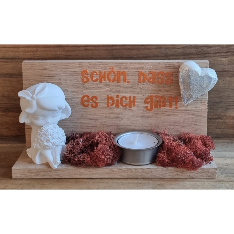 Holz Balken Teelicht "Schön,dass es..."  Mädchen mit Blumen orange