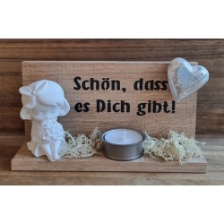 Holz Balken Teelicht "Schön,dass es..."  Mädchen mit Blumen schwarz