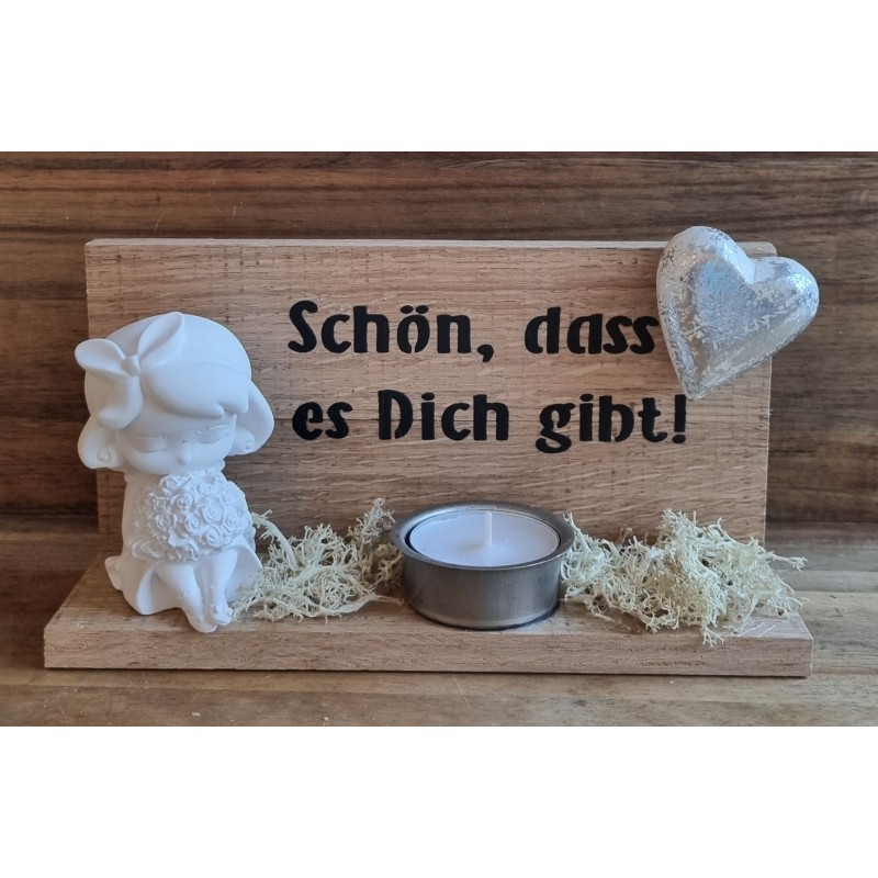 Holz Balken Teelicht "Schön,dass es..."  Mädchen mit Blumen schwarz
