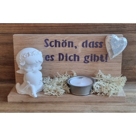 Holz Balken Teelicht "Schön,dass es..."  Mädchen mit Herz violette
