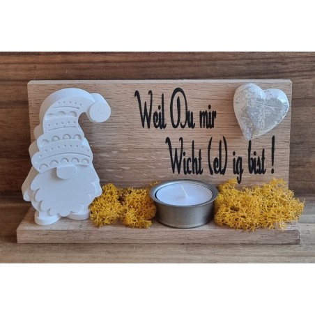 Holz Balken Teelicht "Weil Du mir..."  Wichtel/gelb