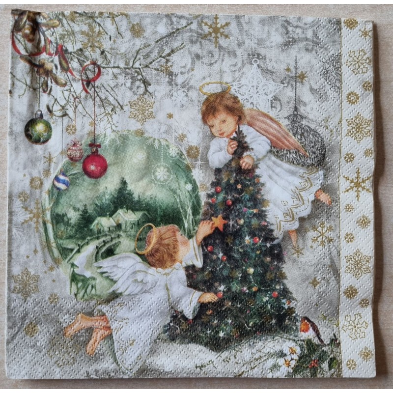 Serviette  Zwei Engel und Weihnachtsbaum