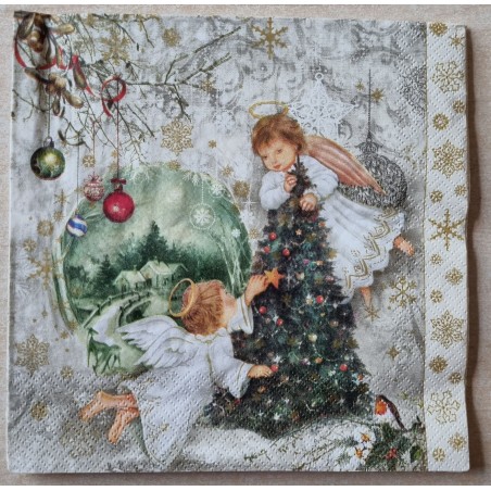 Serviette  Zwei Engel und Weihnachtsbaum