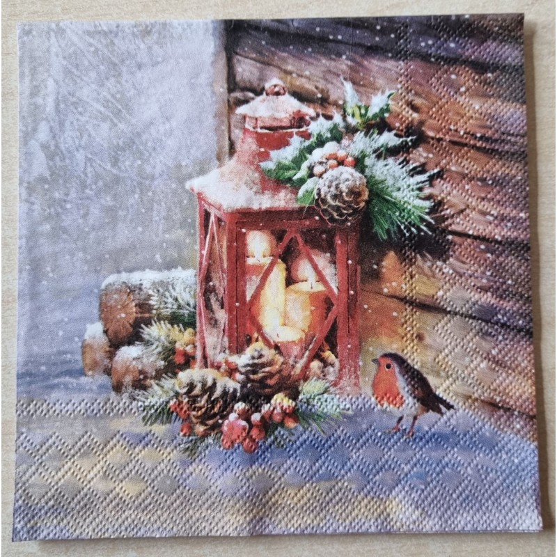 Serviette  Laterne im Schnee/Vogel