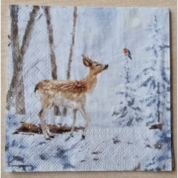Serviette  Reh im Wald/Schnee/Vogel