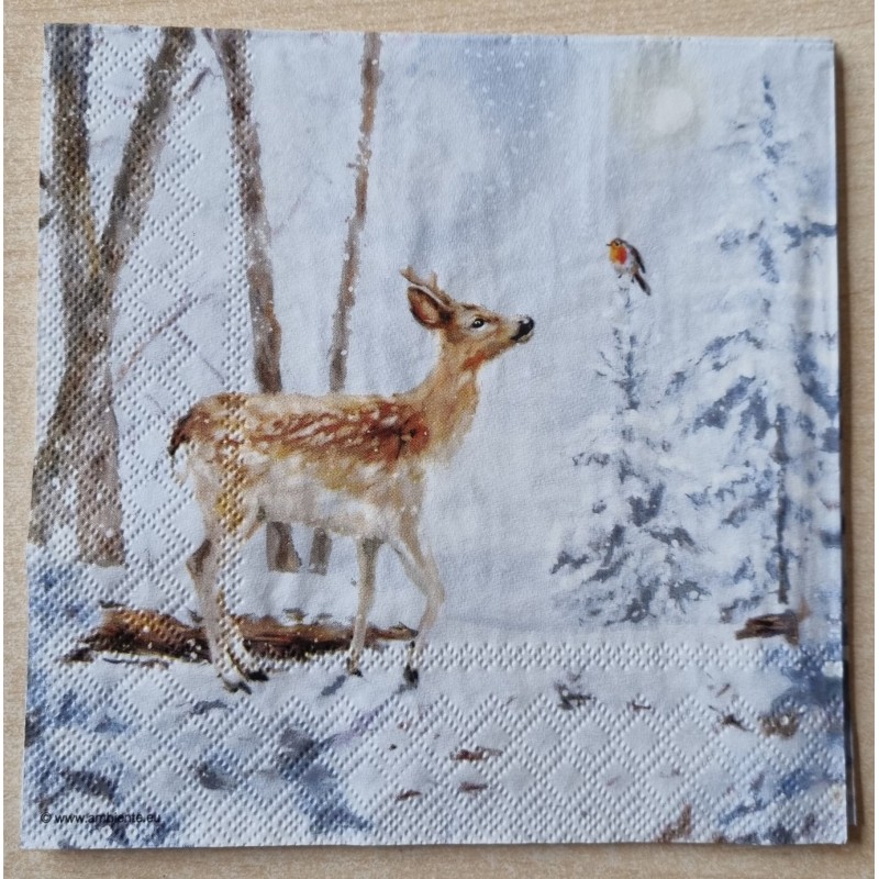 Serviette  Reh im Wald/Schnee/Vogel