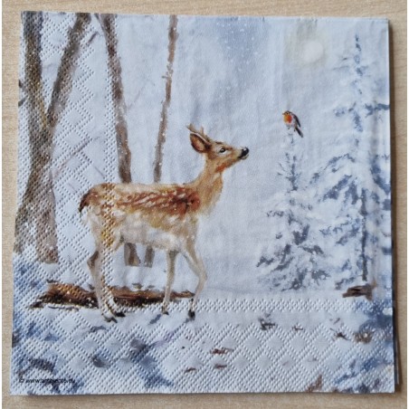 Serviette  Reh im Wald/Schnee/Vogel