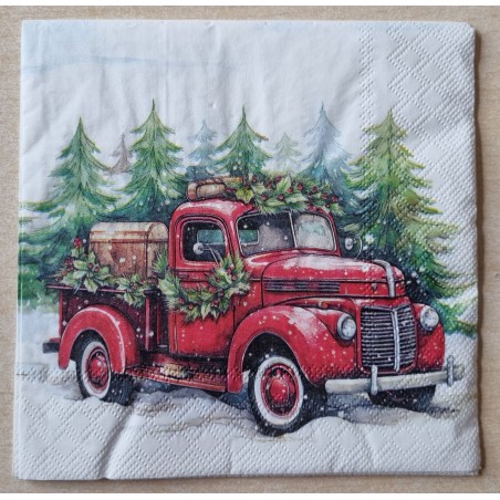 Serviette  Rotes Auto im Schnee/Tannenbäume