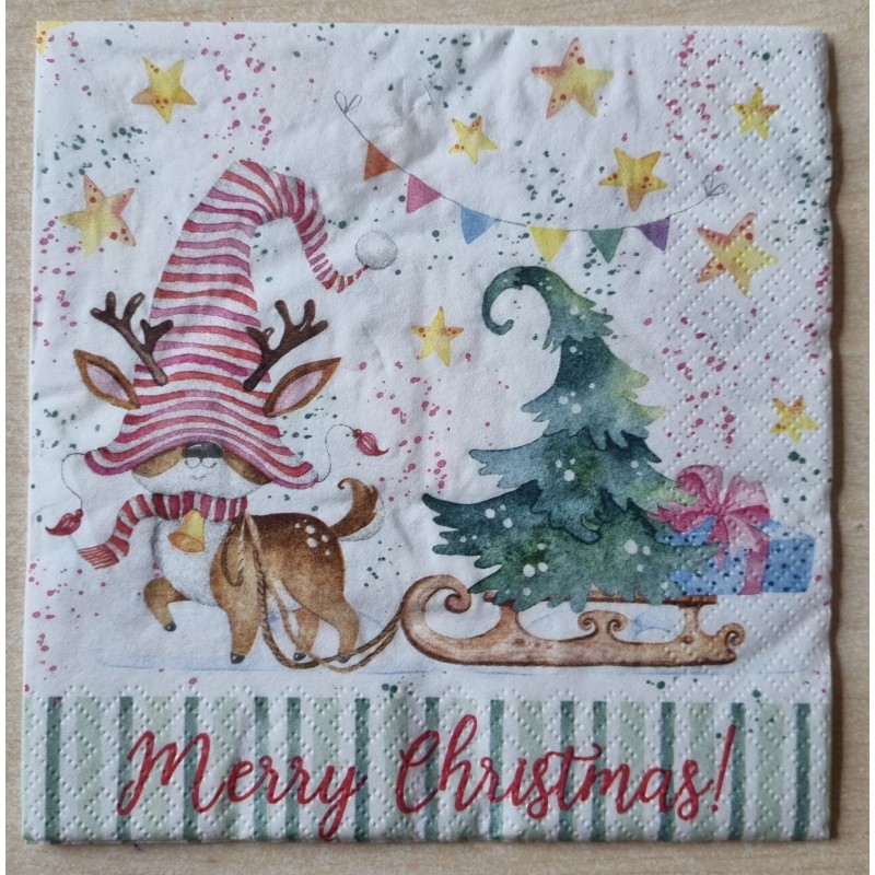 Serviette  Merry Christmas/Reh mit Schlitten