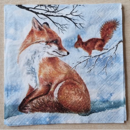 Serviette  Fuchs und Eichhörnchen im Schnee