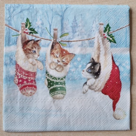 Serviette  Drei Katzen in Socken/Schnee