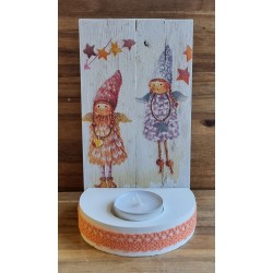 Teelicht mit Holzschild Zwei Engel orange