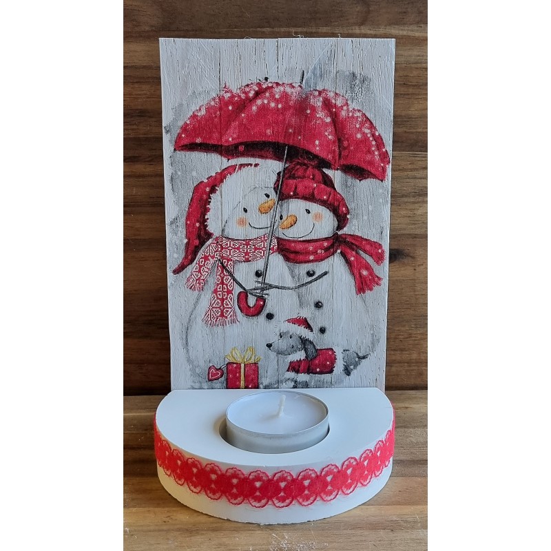 Teelicht mit Holzschild Schneemann Pärchen/Regenschirm