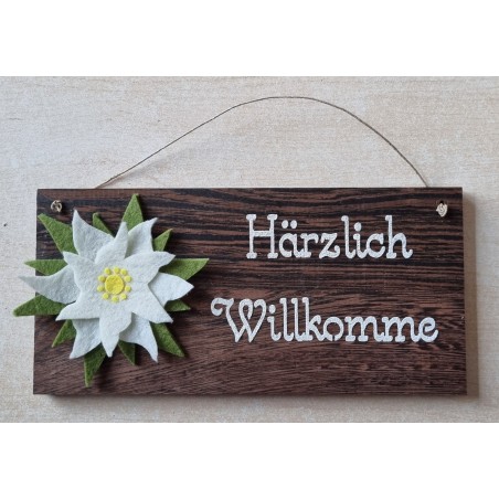 Schild dunkel Härzlich Willkomme/Edelweiss