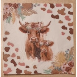 Serviette Hochlandrind mit Jungem/Blumen